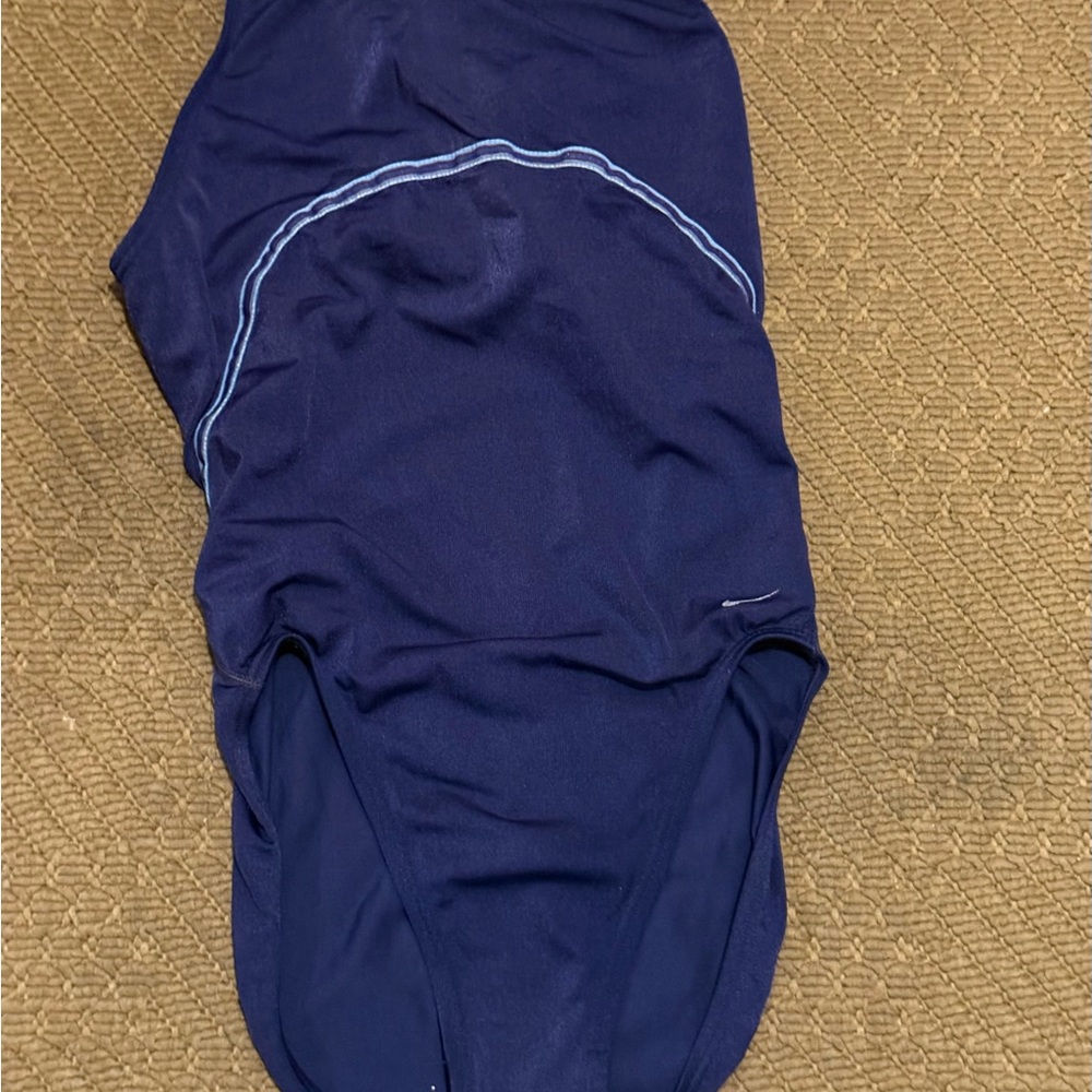 Vintage Nike Women’s Navy Blue swimsuit with Light Blue Stitching